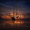 Navio pirata navegando em águas caribenhas ao pôr do sol, evocando a Era de Ouro da Pirataria