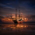 Navio pirata navegando em águas caribenhas ao pôr do sol, evocando a Era de Ouro da Pirataria