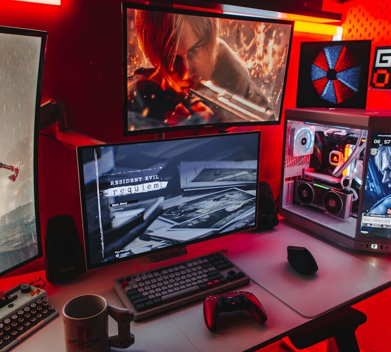 Gamer's setup with multiple monitors and rgb lighting